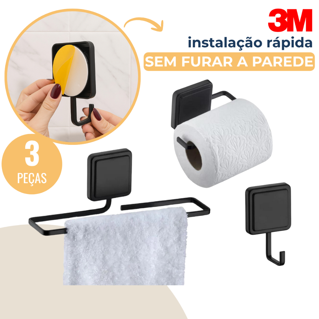 Kit Banheiro Acessórios Preto Fosco 3 Peças Porta Toalha Suporte Papel Higiênico Gancho Adesivo 3M em Oferta na Shopee