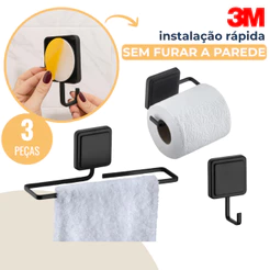 Kit Banheiro Acessórios Preto Fosco 3 Peças Porta Toalha Suporte Papel Higiênico Gancho Adesivo 3M