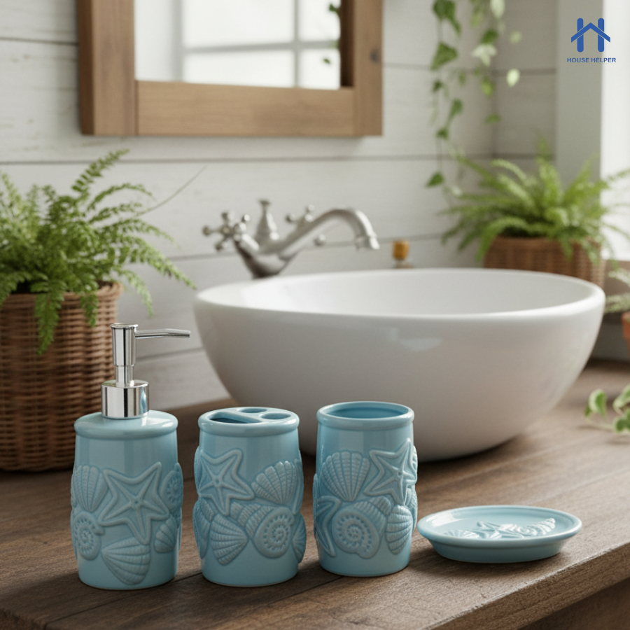 Kit de Banheiro Cerâmica com 4 Peças Porta Sabonete Líquido/Saboneteira/Porta Escova/Porta algodão