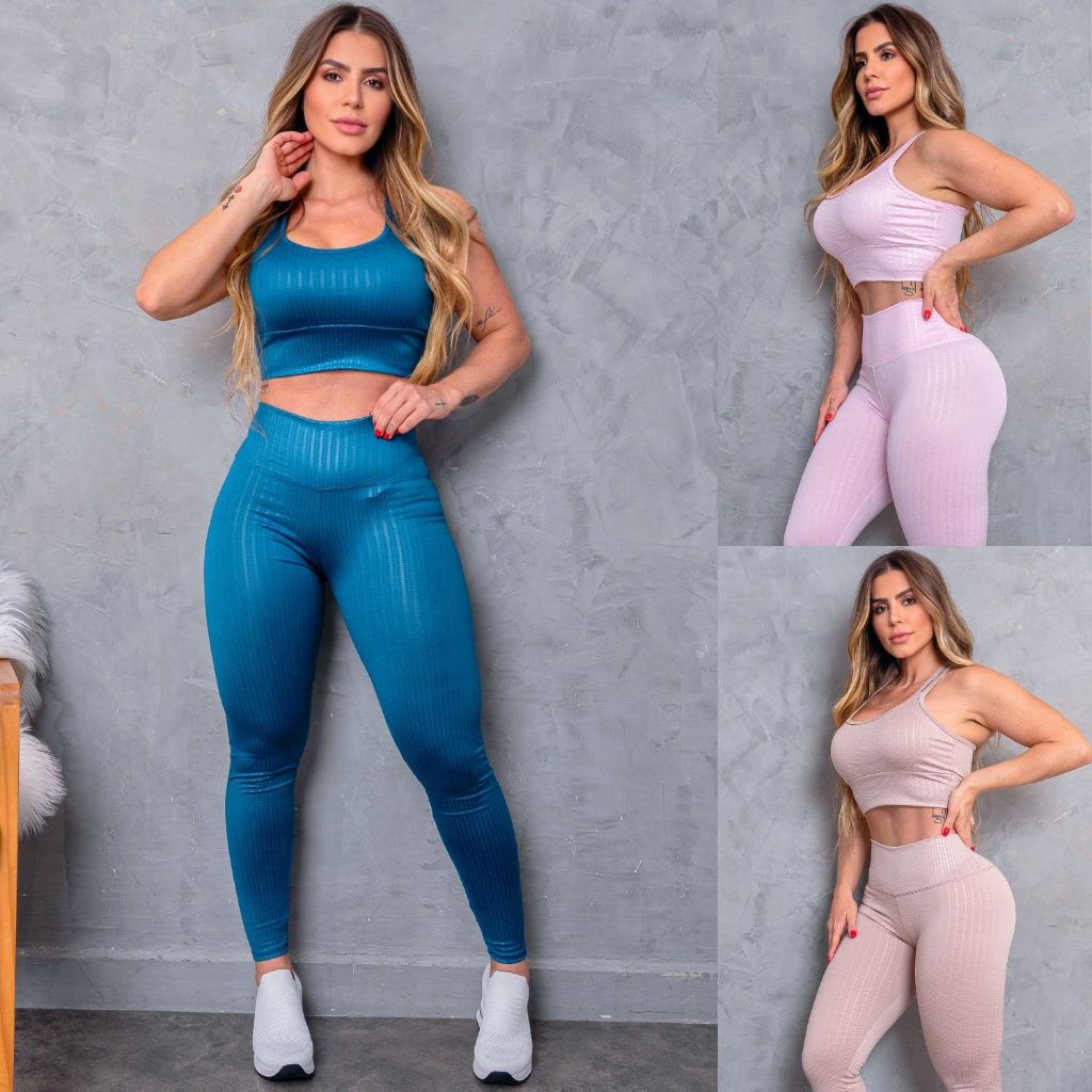 Conjunto Fitness Calça Legging Zero Transparência + Top com Bojo em Cirre Texturizado Dia a Dia Luxo