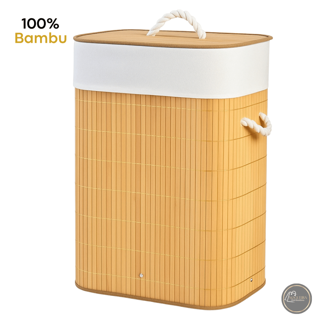 Cesto de Roupa Bambu Organizador Dobrável Com tampa Forrado 72 Litros em Oferta na Shopee