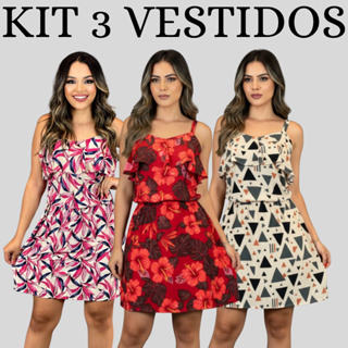 Kit 3 Vestido Feminino Curto Estampado Alça Fina em Tecido Leve para o Verão em Oferta na Shopee