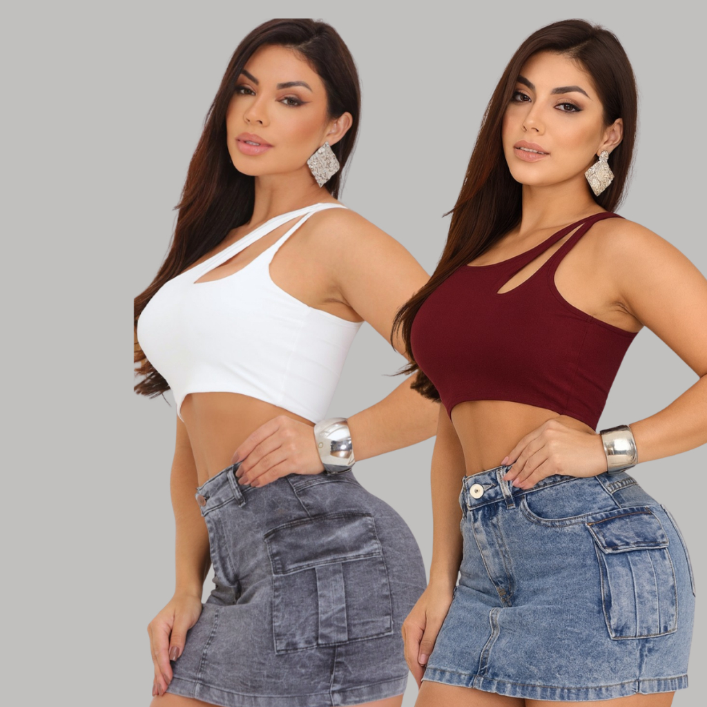 Kit Saia Jeans Cargo Feminina Cintura Alta C/ Lycra Stillger em Oferta na Shopee