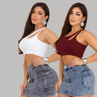 Kit Saia Jeans Cargo Feminina Cintura Alta C/ Lycra Stillger em Oferta na Shopee