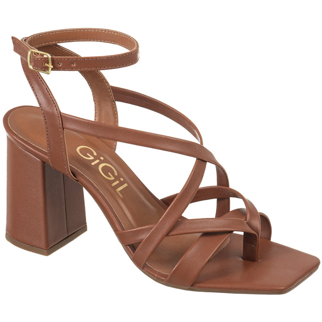 Sandália Feminina Salto Alto Bloco Bico Quadrado Tiras Cruzadas Fivela Lateral Casual Moderno GiGiL