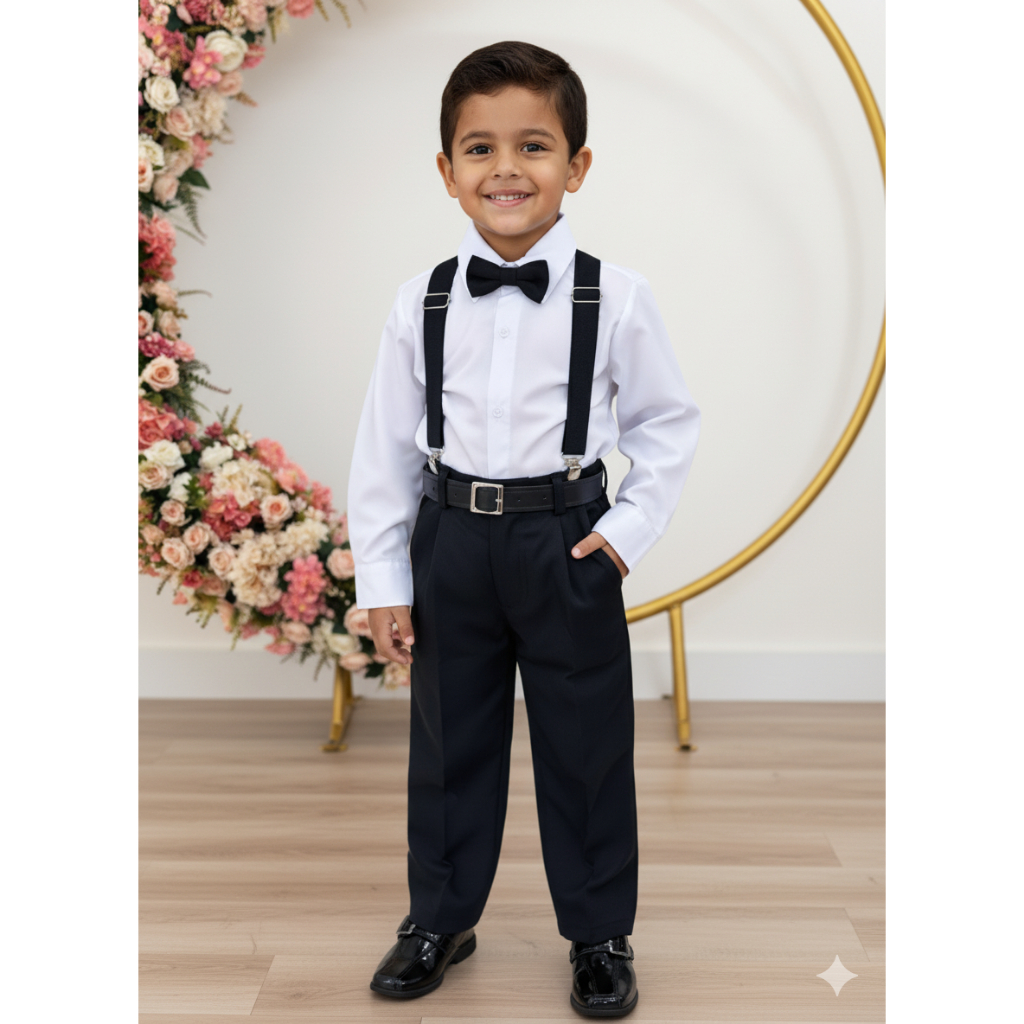 Conjunto Social  Pajem Formaturas e Príncipes Camisa Branca Calça Gravata e Suspensório Preto