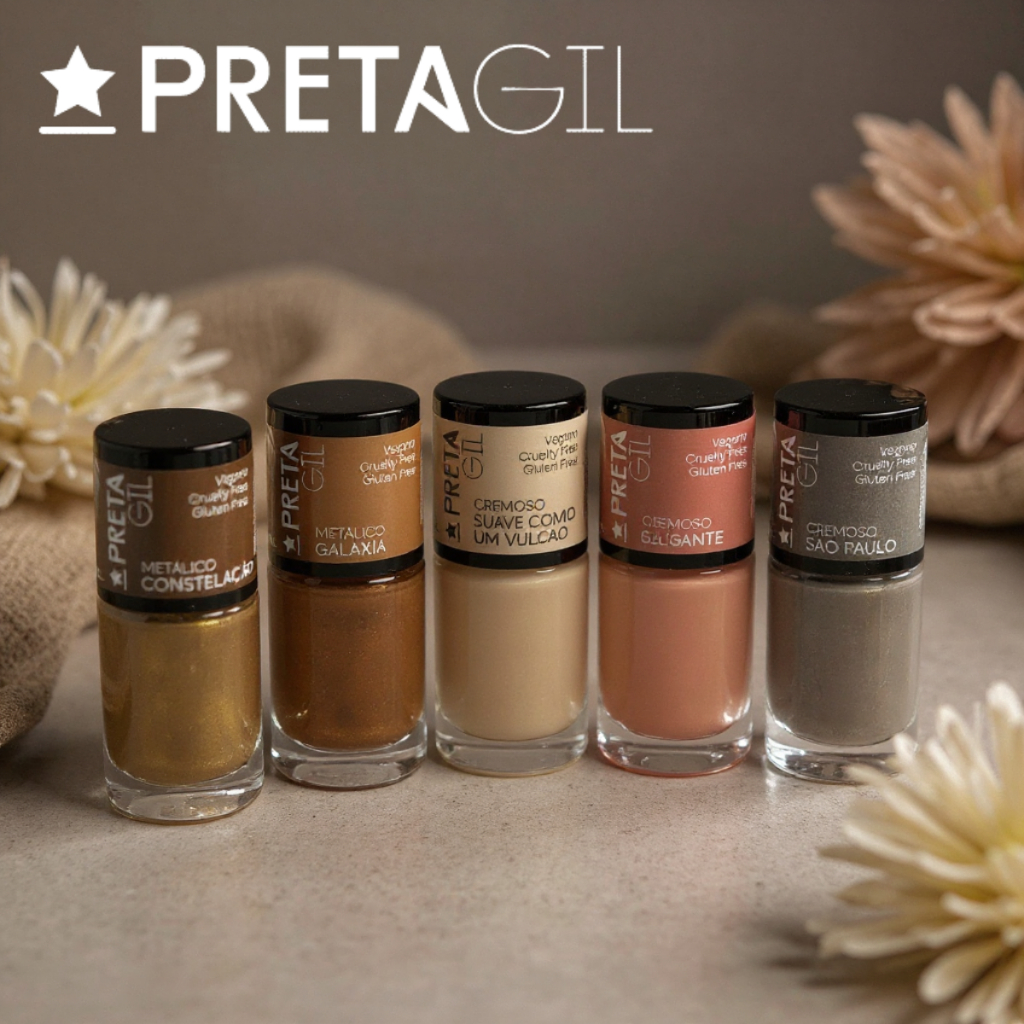 Kit 5 Esmaltes Preta Gil Tons de Nude Marrom Claro Cores da Moda Neutros Manicures Clássicas Beleza