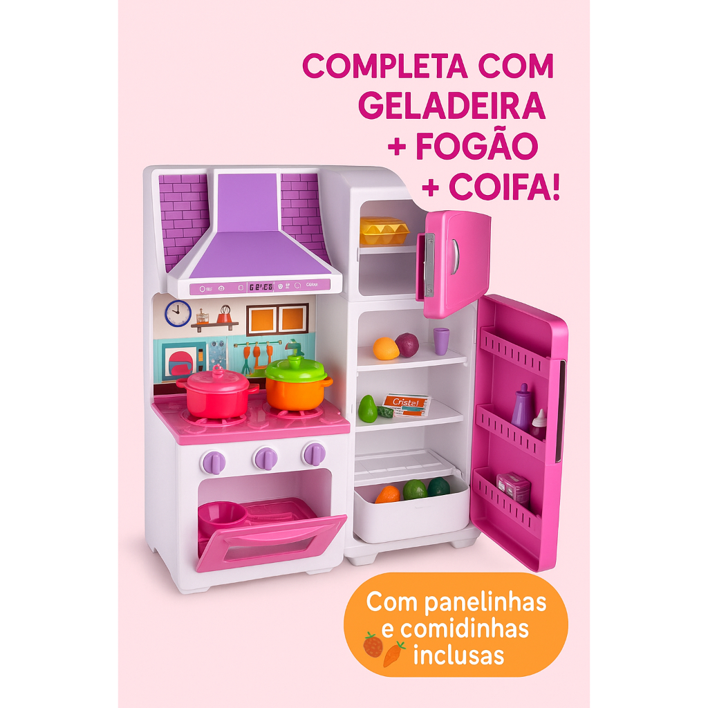 Cozinha Infantil Rosa Fogao Geladeira Coifa Brinquedo Educativo Desenvolvimento Infantil Imaginação
