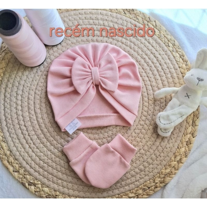 Touca turbante +luvinhas para bebê menina  RN,malha 100% algodão. em Oferta na Shopee