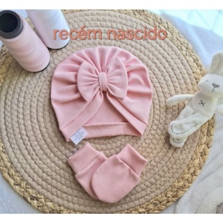 Touca turbante +luvinhas para bebê menina  RN,malha 100% algodão. em Oferta na Shopee