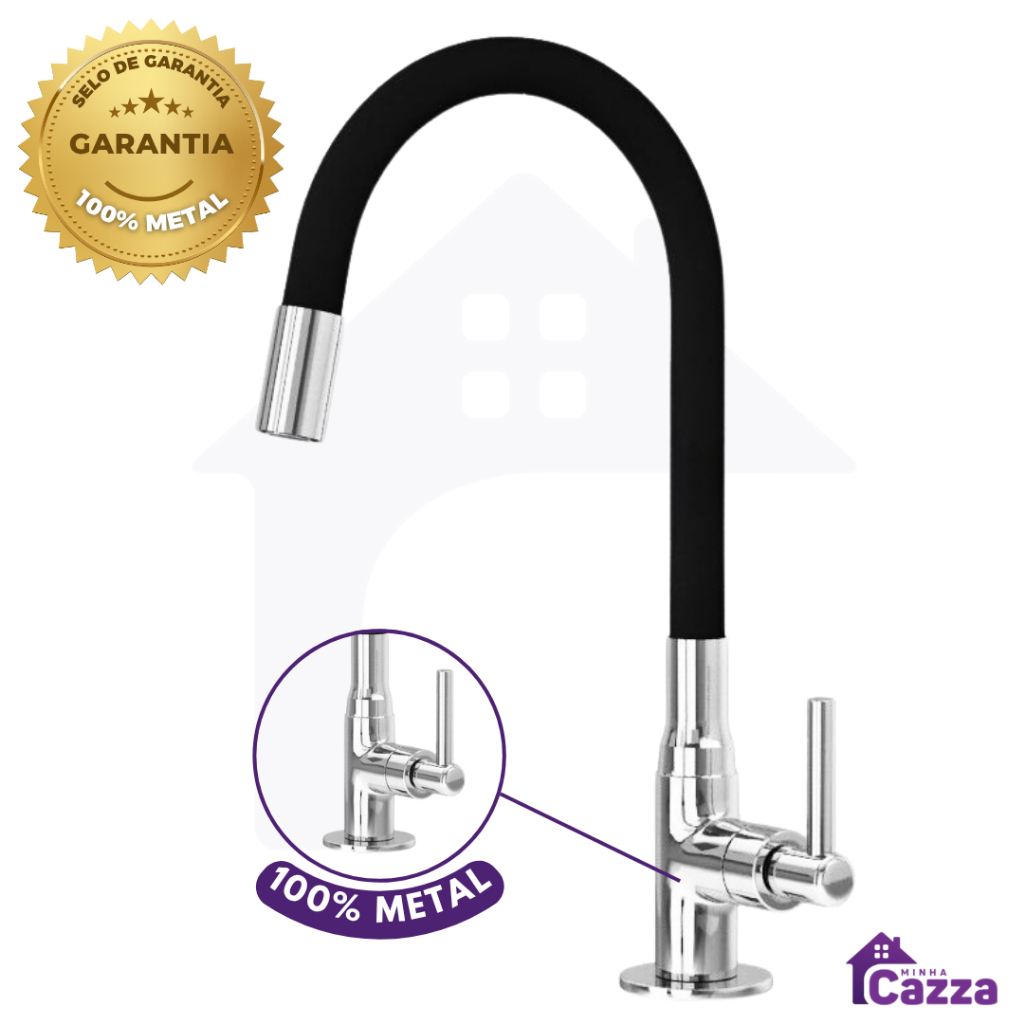Torneira Metal Gourmet Cozinha ou Banheiro Preta Bancada Mesa Pia Cano Flexível 1/4 de volta