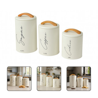 Kit 3 Potes Herméticos Mantimentos Lata Com Tampa E Alça Em Bambu Açúcar Café E Cookies