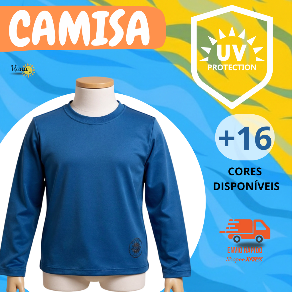 Camisa com proteção UV 50+ praia/piscina infantil/juvenil 1 ao 16 anos