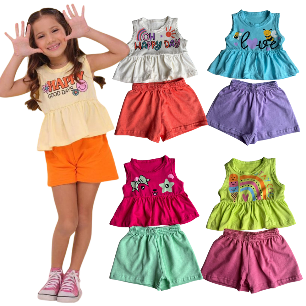 Kit até 6 Peças  Infantis Regata e short Feminina– Estampas Sortidas Algodão Confortável 3 Conjuntos