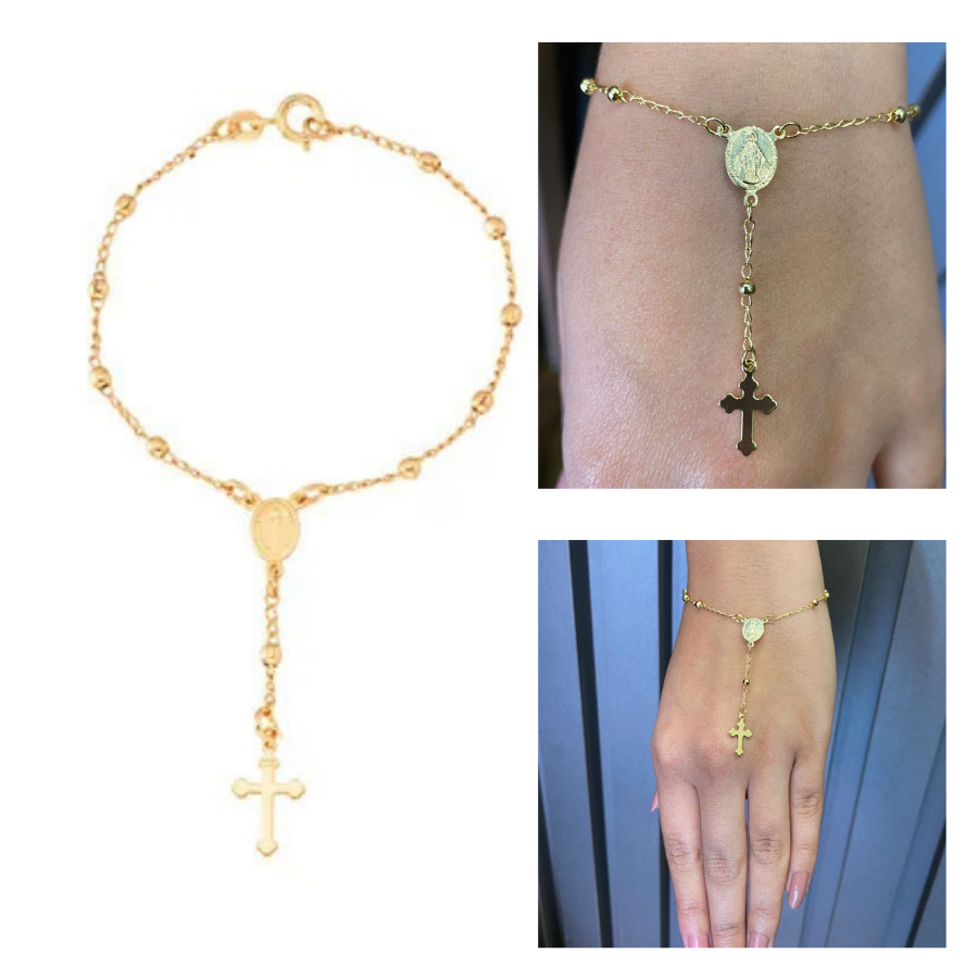 Pulseira Terço Feminina com Crucifixo Liso Imagem Nossa Senhora das Graças Banhado a Ouro 18k Banho Antialérgico