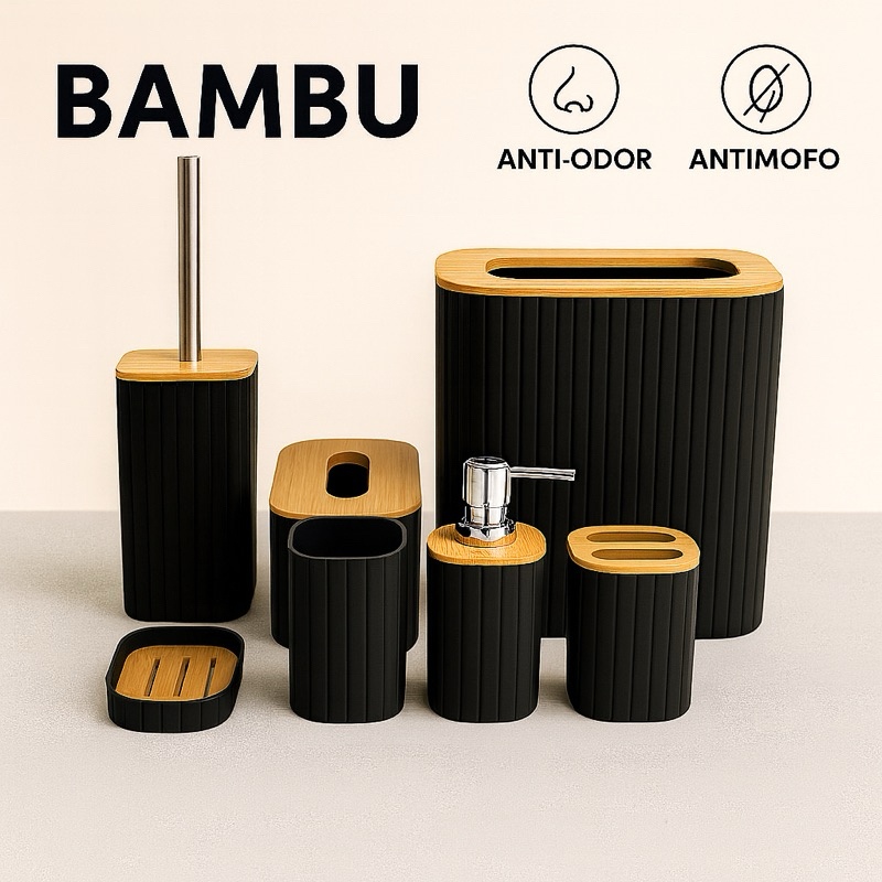Kit Banheiro Bambu Conjunto Peças Lavabo Porta Sabonete Escova Dentes e Sanitária Lixeira Luxo