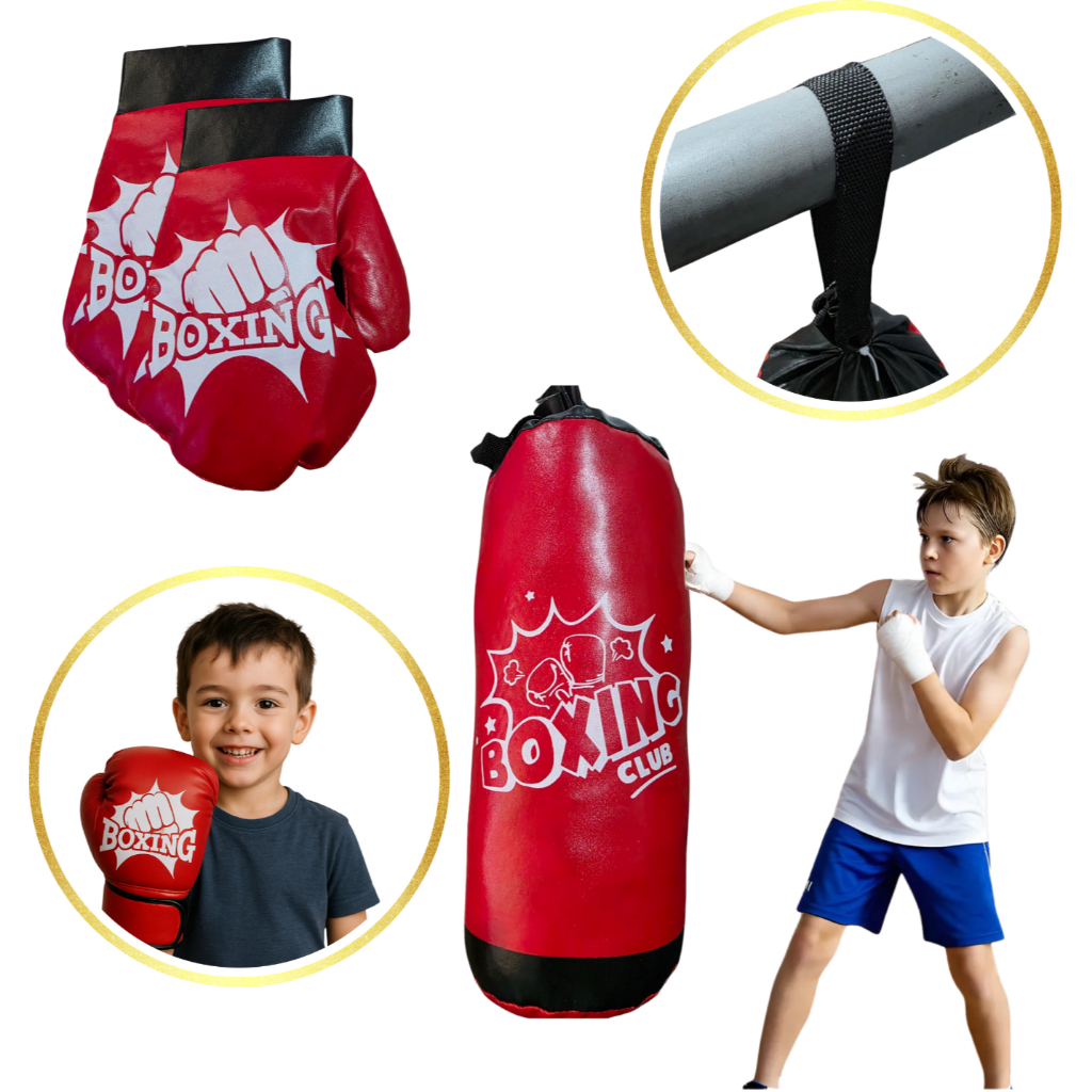 Kit Boxe Saco de Pancada com Duas Luvas Infantil Equipamento de Luta