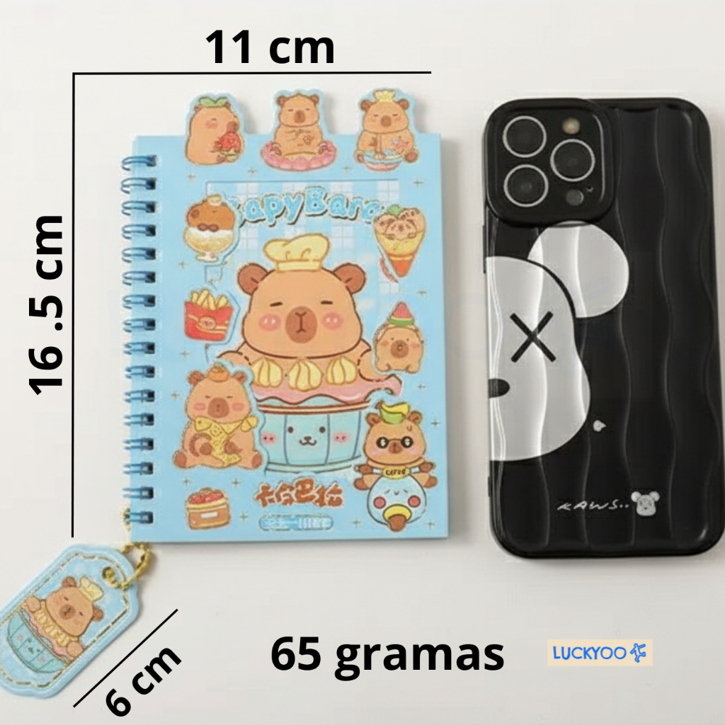 Mini Caderno Capivara Kawaii com Adesivos e Pingente Papelaria Escolar Fofo Bloco de Notas Temático 16x11 cm