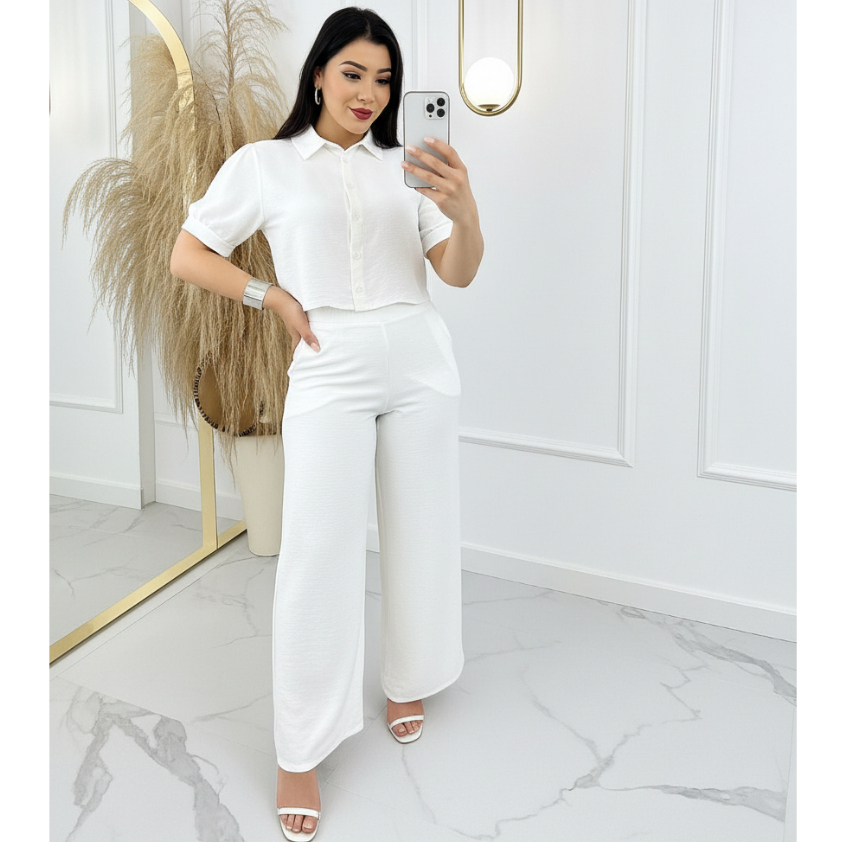 Conjunto Feminino Dunas Alfaiataria Social Calça Pantalona Forrada com Bolsos Blusa + Branca
