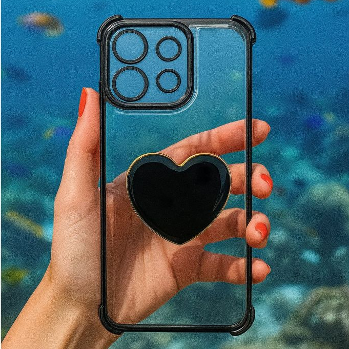 Capinha Transparente Anti-Impacto Borda Colorida Suporte Coração Para Xiaomi Redmi A3,A5,12C,13C,14C