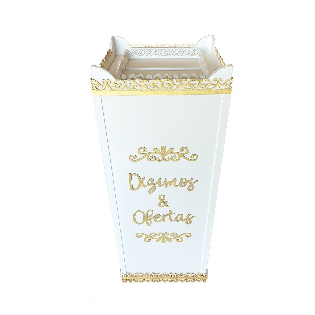 Gazofilácio Ofertório Dízimos E Ofertas P/ Igreja + Fechadura - Feito em MDF Branco Com Arabesco em Alto Relevo / 55Cm