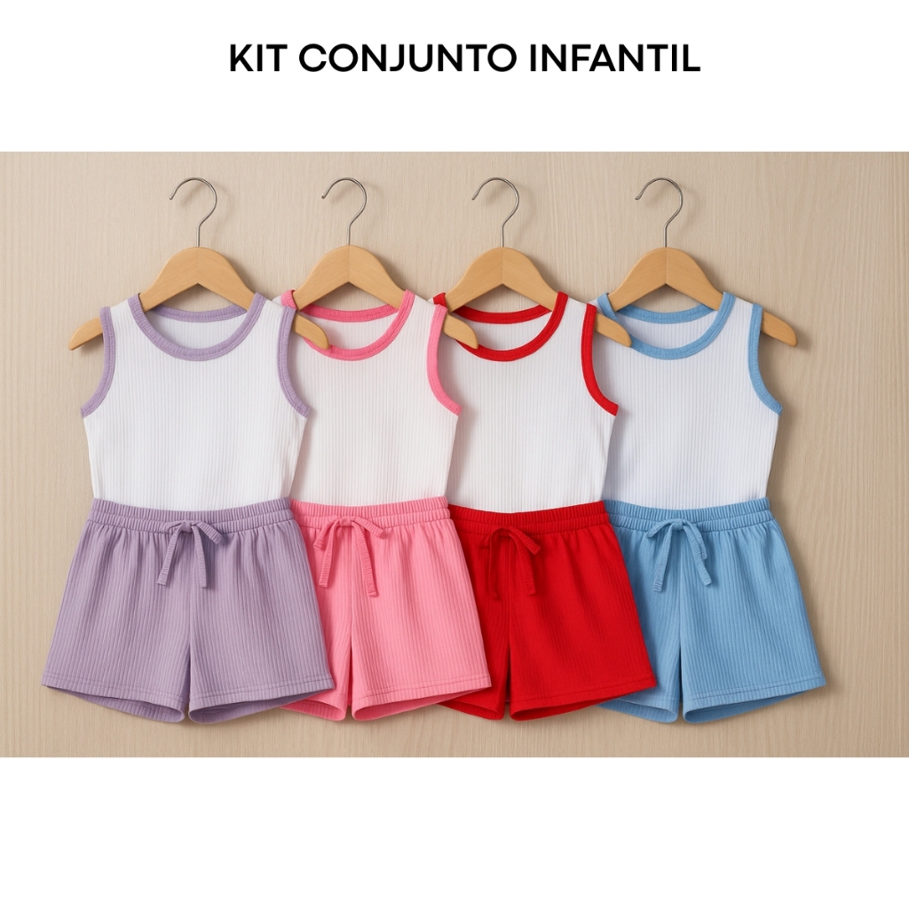 Kit Infantil Sortido 4 Peças De Roupas Menina Verão blogueirinha - 2 Regatas + 2 Shorts - ENVIO DE CORES SORTIDAS