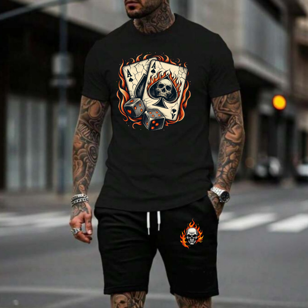 CONJUNTO MASCULINO CAMISETA GOLA REDONDA E BERMUDA BOLSO CARTA BARALHO ESTILOSO CONFORTAVEL PREMIUM  CB051