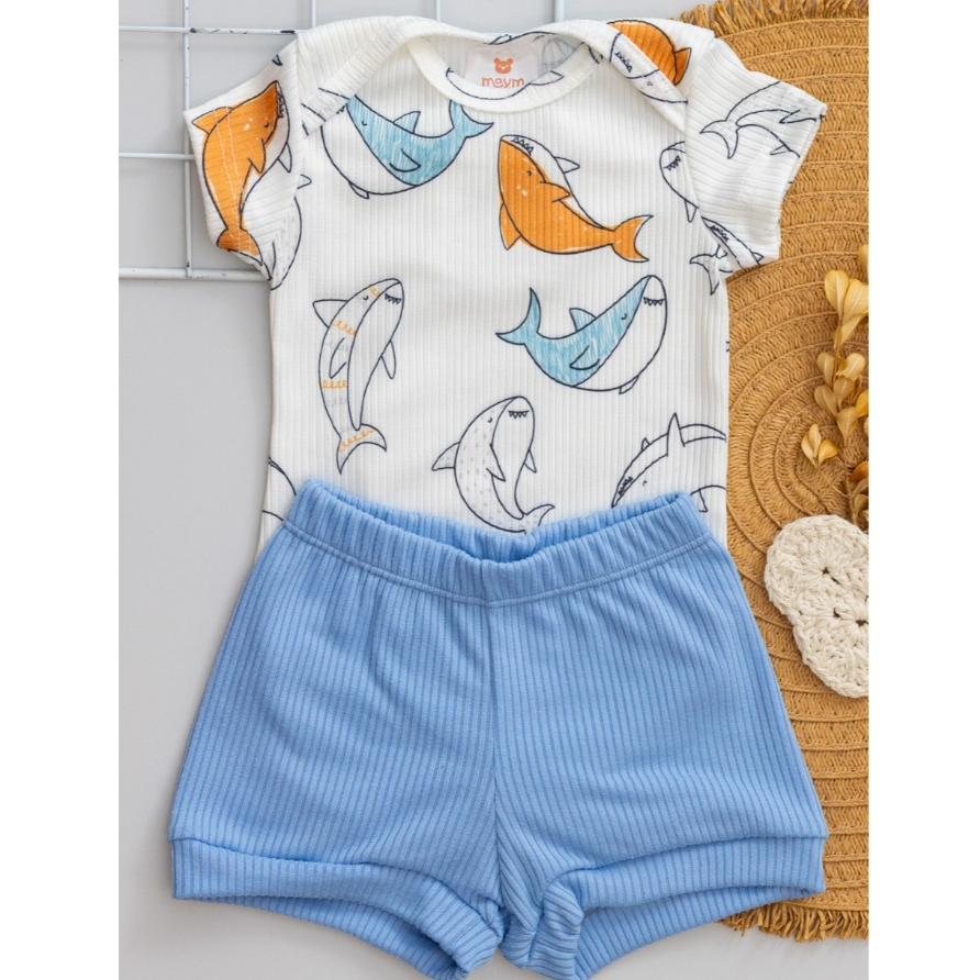 Conjunto Bebê Verão Body Estampado Tubarão e Short Azul em Oferta na Shopee