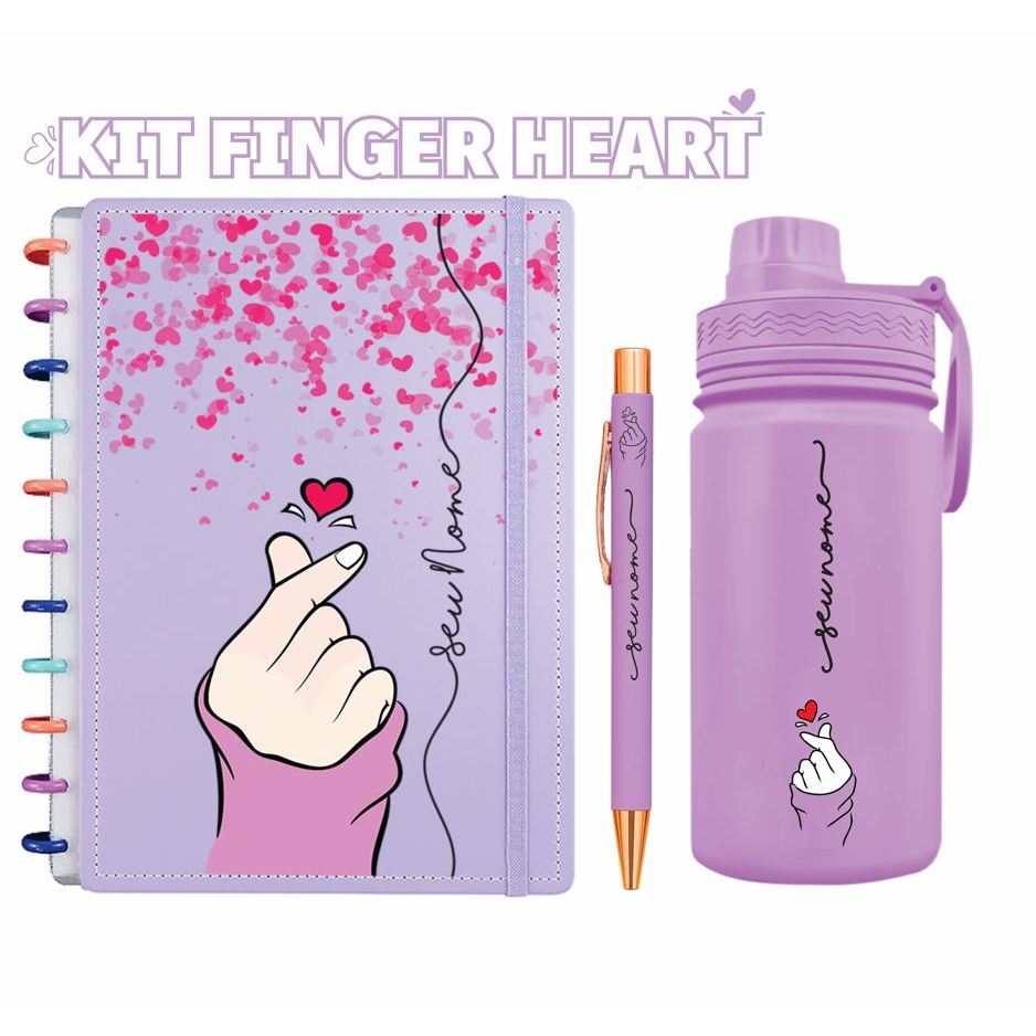 Kit  Finger Hear Personalizado –Caderno A5, Garrafa  Fresh 350ml e Caneta Gravada a laser  com o Seu Nome - Personalize!