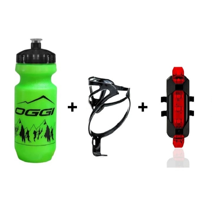 Kit Garrafa Oggi + Suporte Caramanhola + Lanterna Traseira para Bicicleta Speed Mtb Hidratação Fit