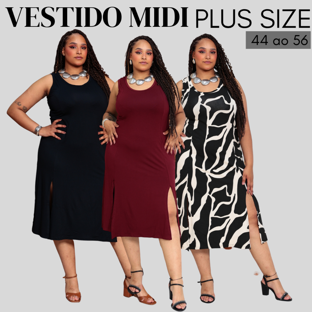 Vestido Plus Size Feminino Midi Curve Com Fenda  Alças Largas Verão Tendência Tamanho Grande