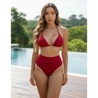 Biquíni Cintura Alta Feminino forrado Hot pants com Bojo moda praia Biquíni bojo Cortininha em Oferta na Shopee