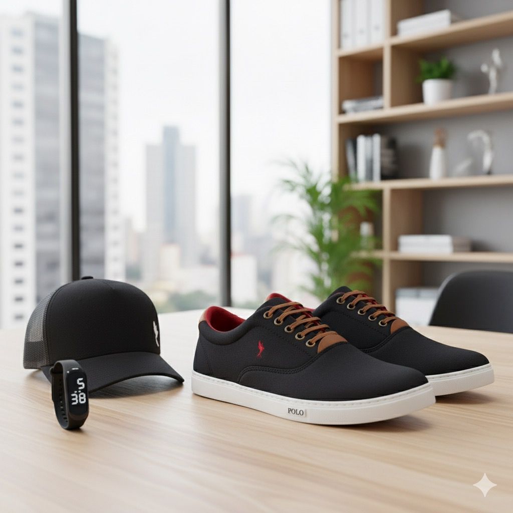 Tênis Masculino Casual Cano Baixo Super Leve Polo Blu  com Boné e Relógio Digital Kit 37 AO 46