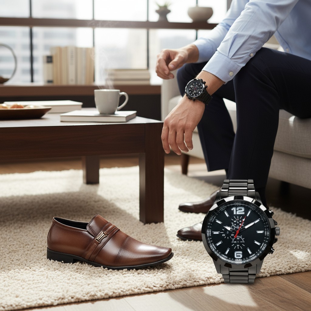 Sapato Social Masculino Elegante Detalhe Fivela com Relógio Analógico do 37 ao 44