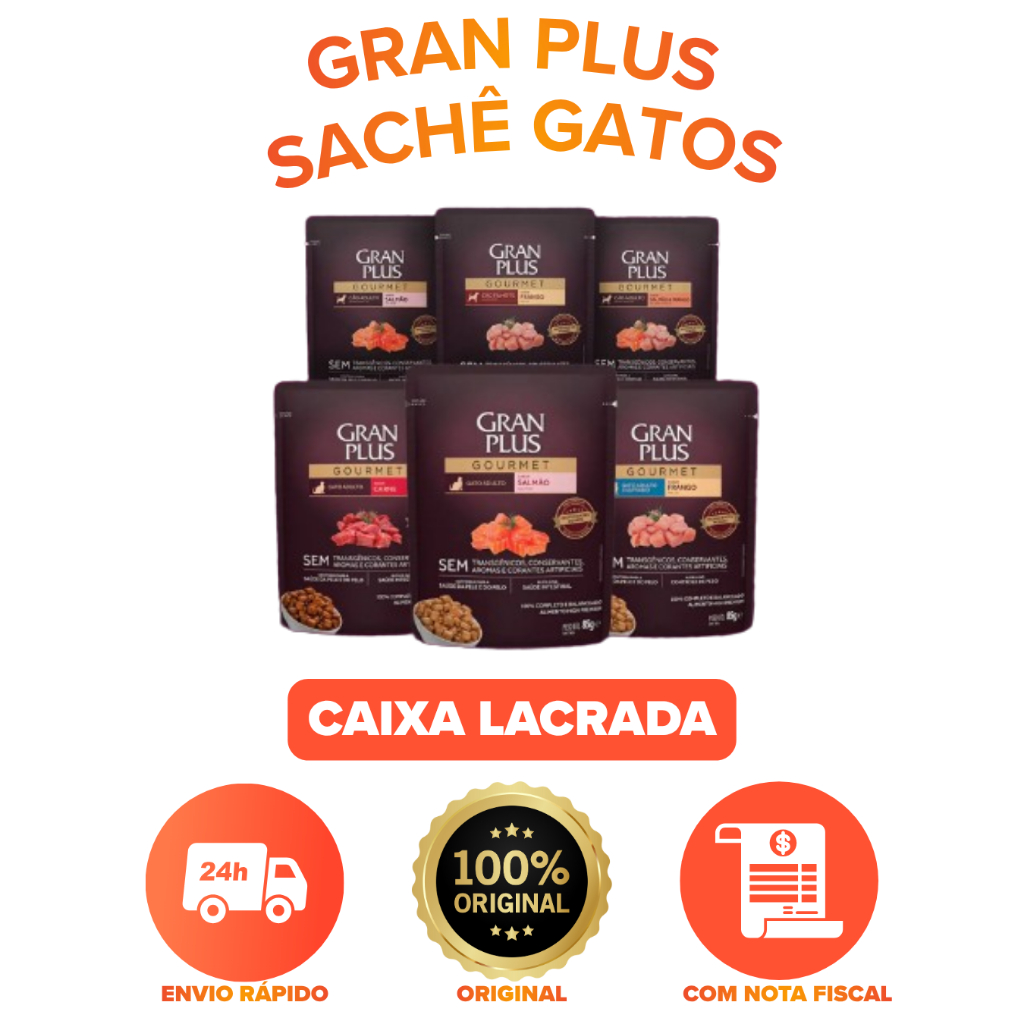 RAÇÃO ÚMIDA GRAN PLUS SACHÊ PARA GATOS – CAIXA COM 18 UN (85G CADA) em Oferta na Shopee