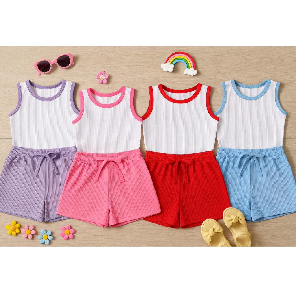 Kit Sortido 4 Peças de Roupas Infantil Menina Verão Feminino 2 Regatas + 2 Shorts - ENVIO DE CORES SORTIDAS