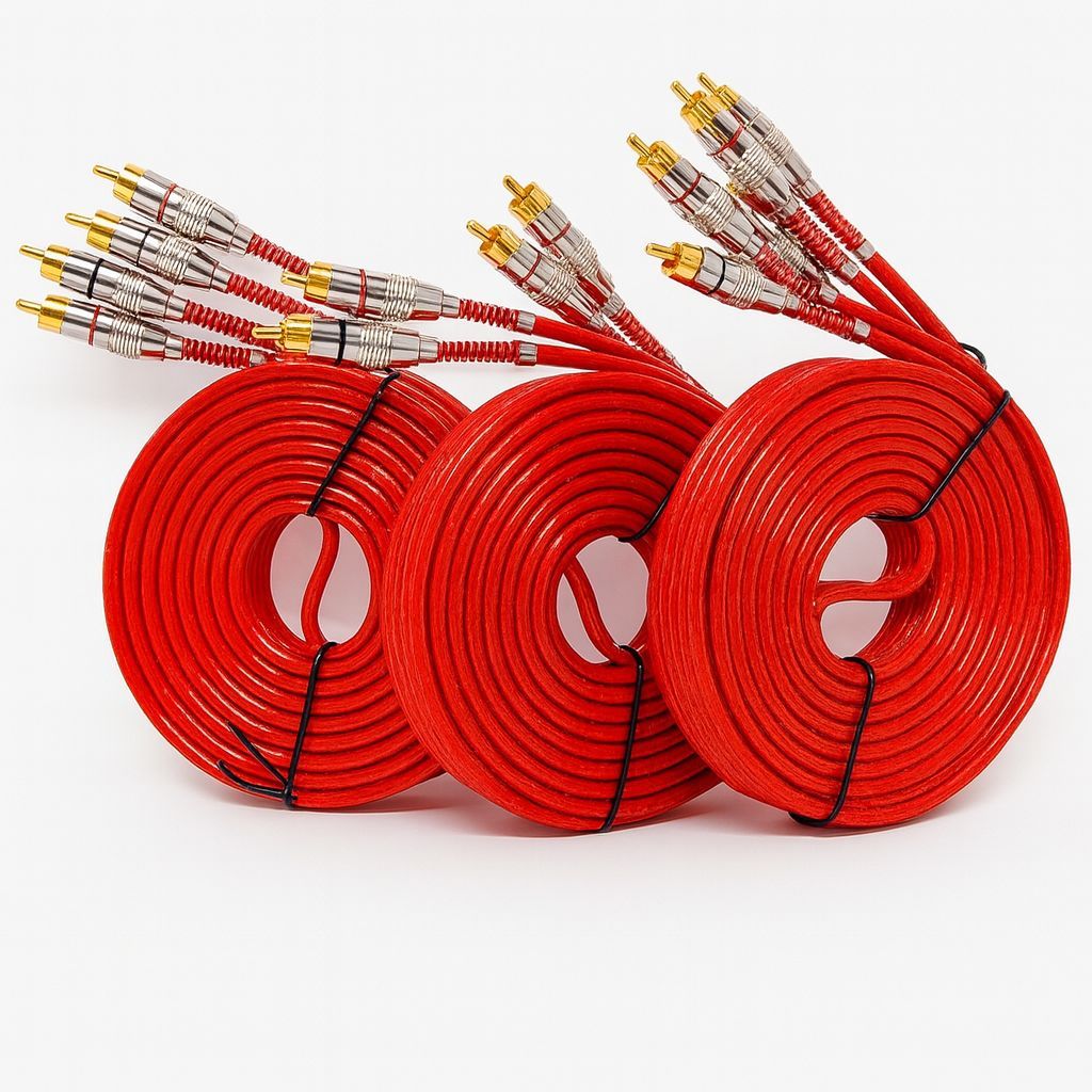 Kit Cabo RCA 5 metros Vermelho Dupla Blindagem Plug Metal Som Automotivo Qualidade Premium