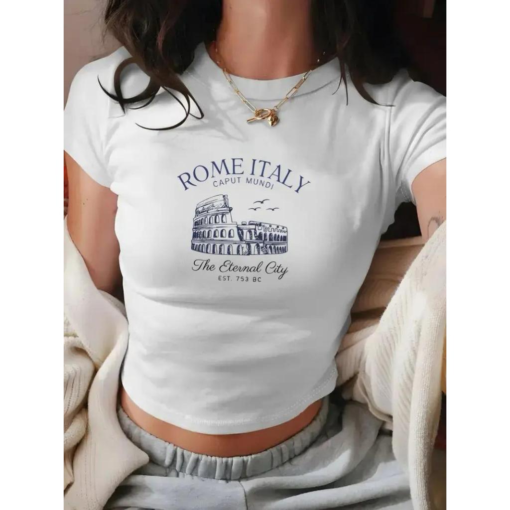 Baby Tee Rome Italy camisa de compressão feminina Baby Look Confortavel Modela O Corpo em Oferta na Shopee