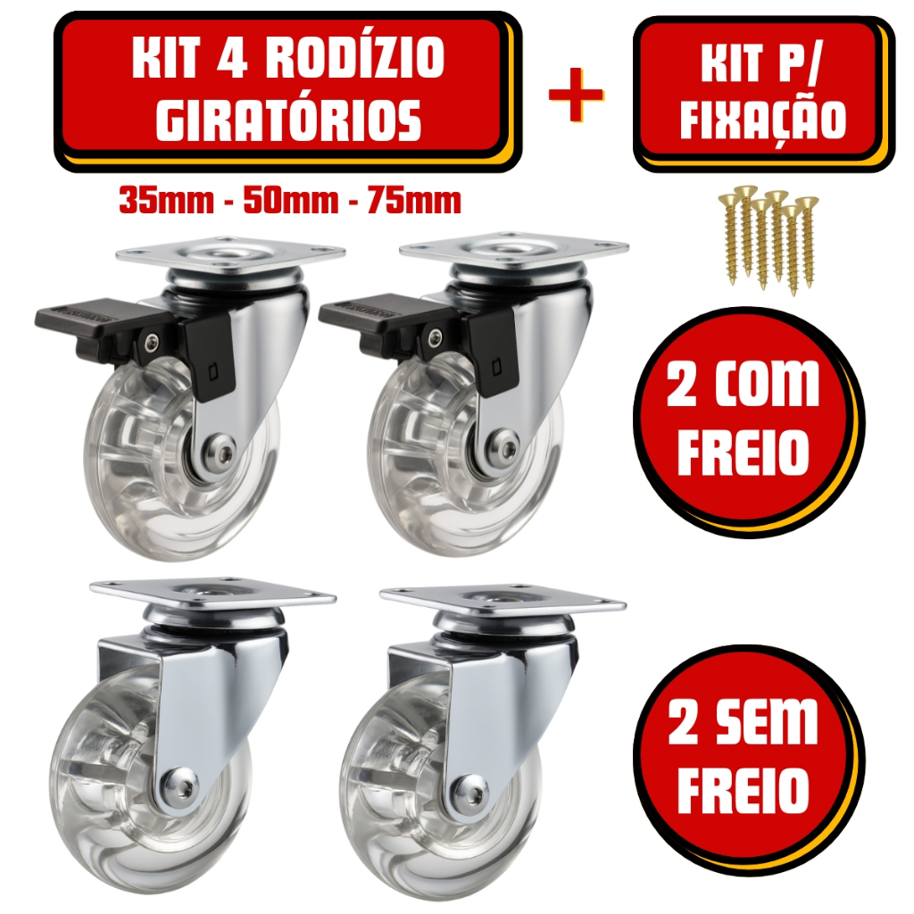 Kit 4 Rodízio Giratório Silicone Gel 35mm 50mm 75mm 2 Com Trava 2 Sem Trava Com Parafusos Reforçado em Oferta na Shopee