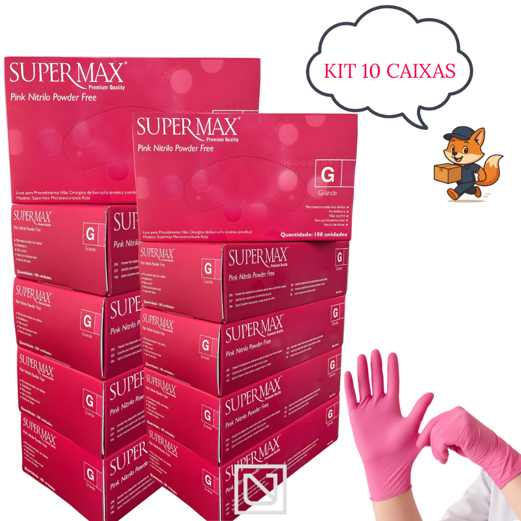 Kit Até 10 Caixas de Luva Rosa Nitrilica Descartável Sem Pó Resistente 1.000 Unidades