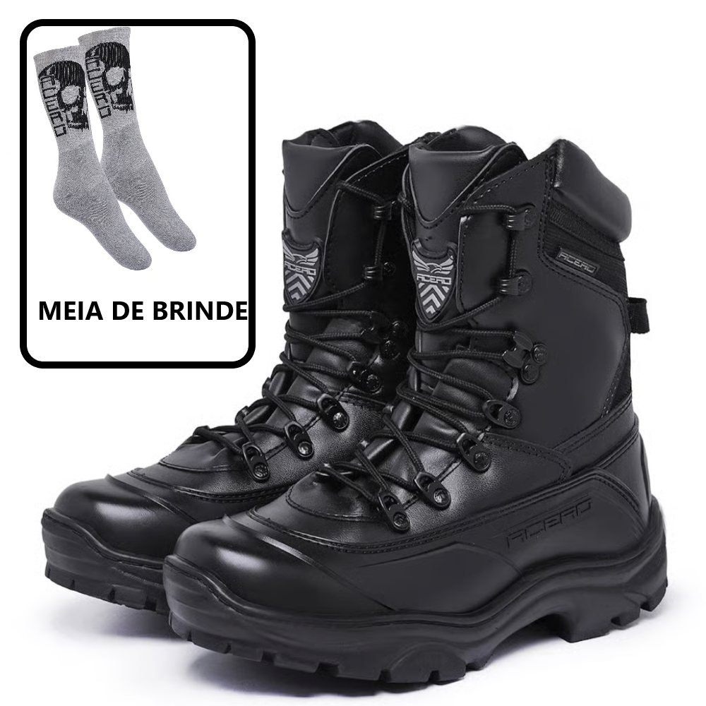Bota Militar Acero Couro Tiger Pro Brilhante + Meia Caveira Cinza Acero Botas