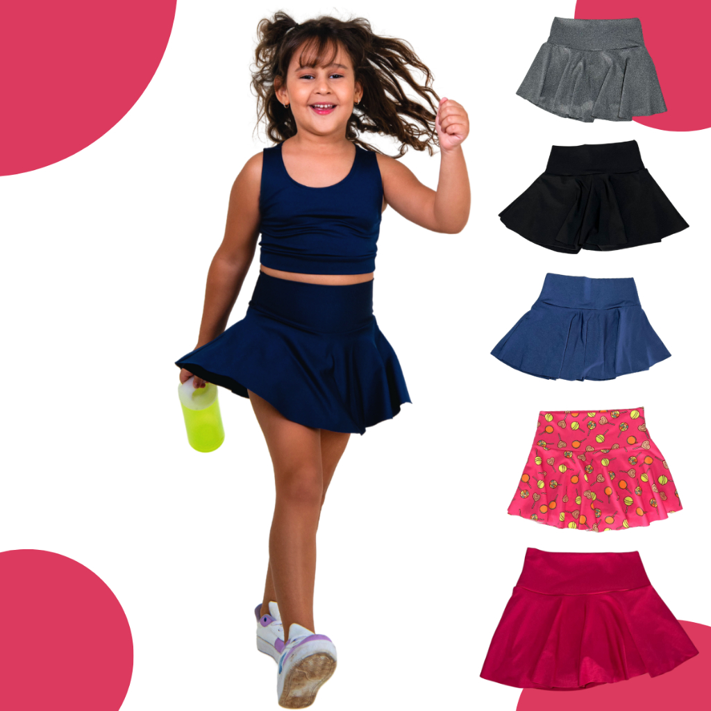 Kit 2 Short Saia Infantil Malha Suplex Têndencia Escolar Ginástica Esportes Para Meninas em Oferta na Shopee