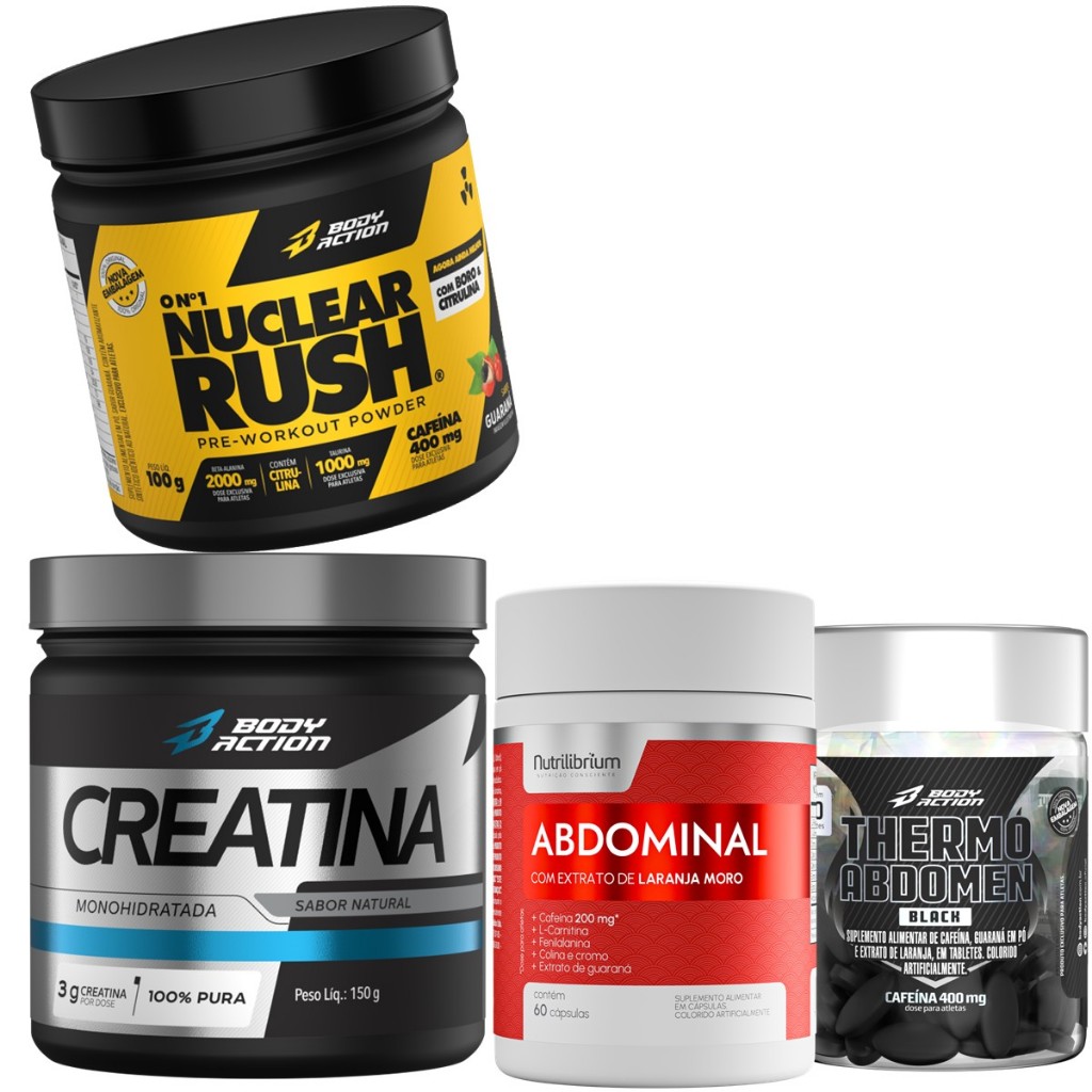 Kit Pré Treino Nuclear Rush + Thermo Abdomen Black + Creatina + Abdominal Dia em Oferta na Shopee
