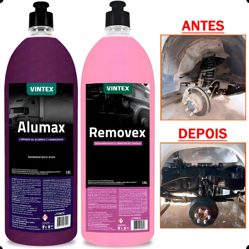 Kit Limpa Baú Alumínio Alumax + Removex Para Chassi Vintex para sujeiras leves e pesadas em Oferta na Shopee