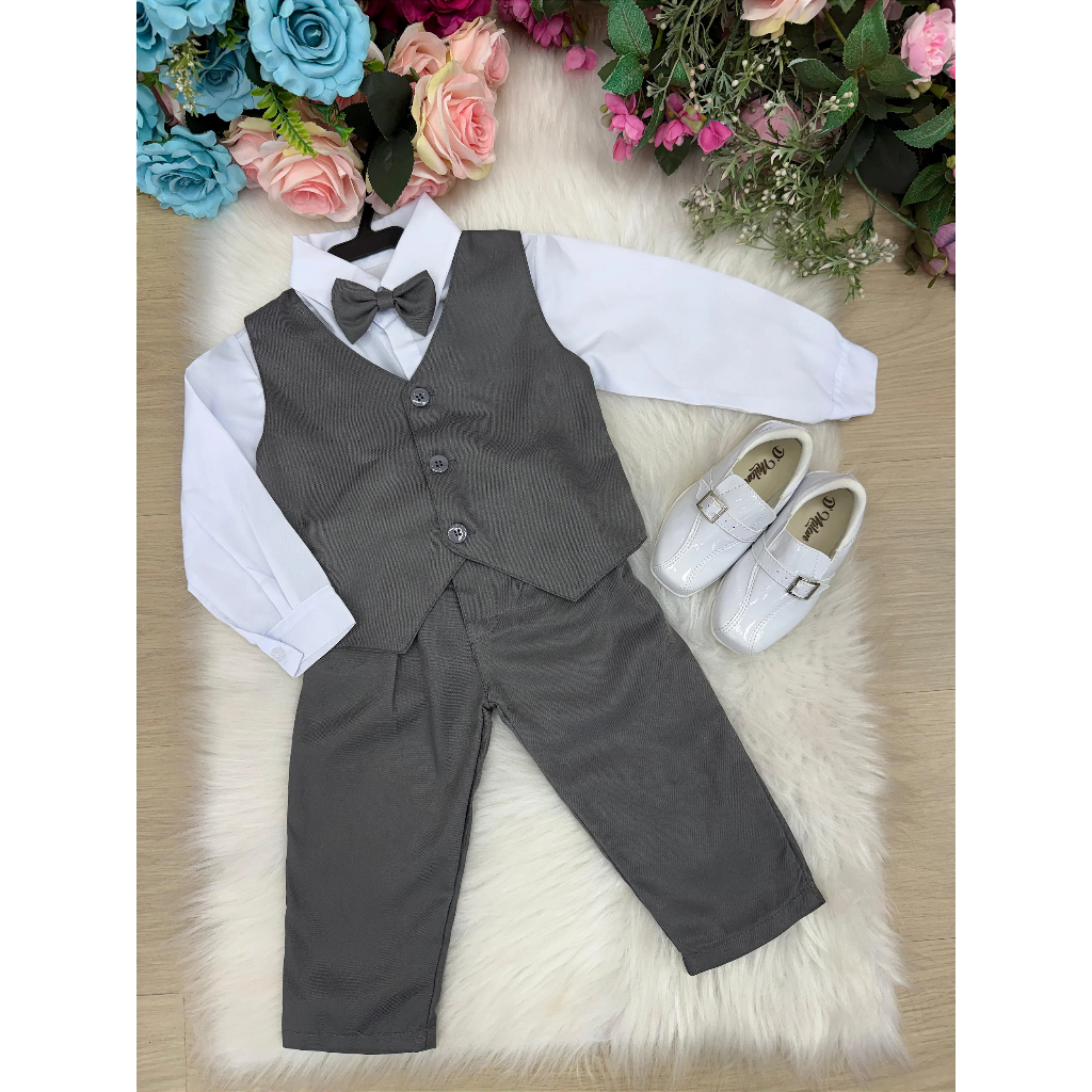 Conjunto Kit Terno Colete Infantil Social Casamento Menino Kit 5 Peças Colete Calça Camisa Gravata Cinto Cinza Chumbo