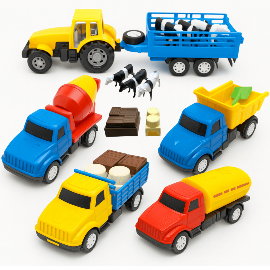 Kit Carrinhos Fazenda Animais Trator Caminhão Caçamba Betoneira Tanque Presente Meninos Miniatura