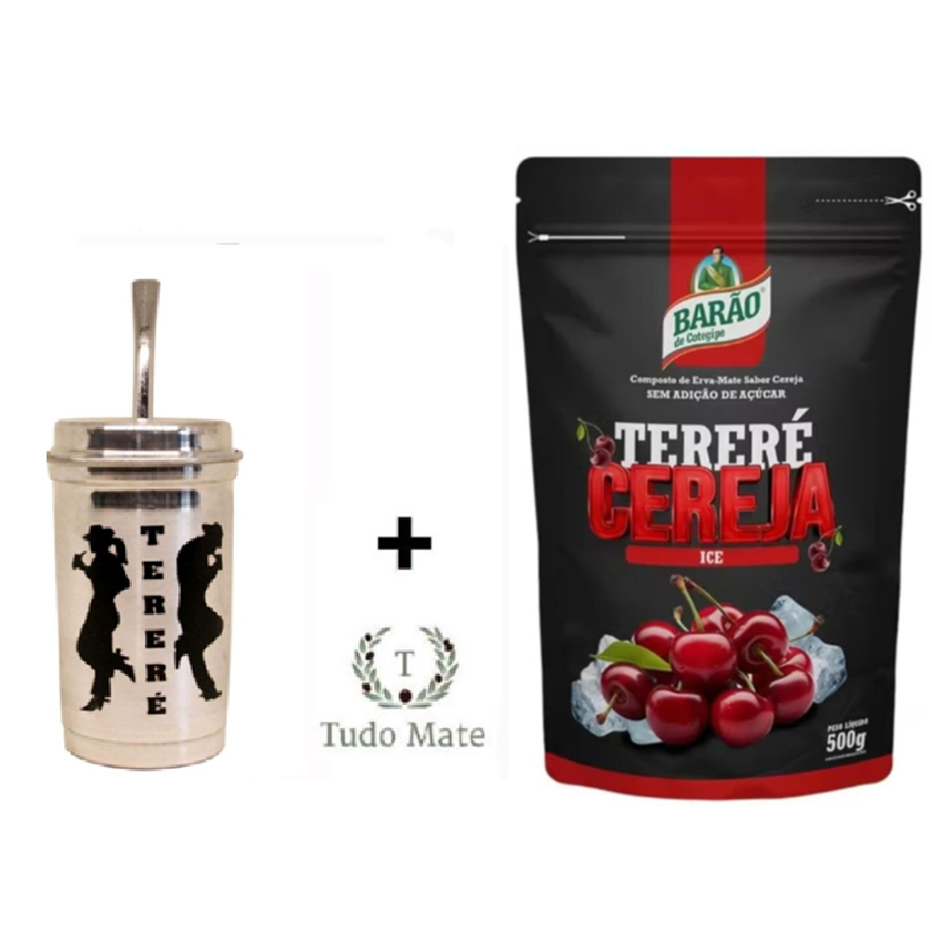 Kit Tereré Erva Mate Barão de Cotegipe Sabor CEREJA 500g + Copo tampa e Bomba para Tereré Desenho Casal