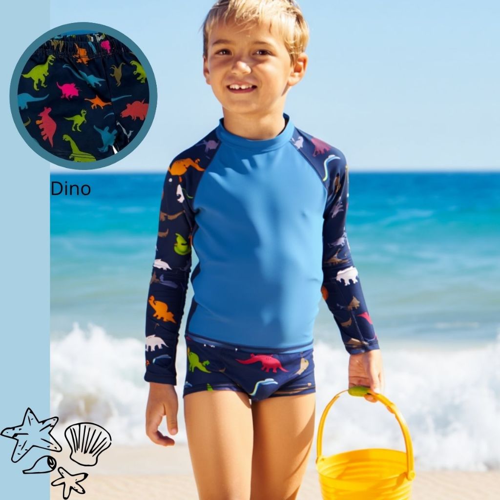 Conjunto Blusa Camiseta Térmica e Sunga Boxer Roupa de Banho Moda Praia Uv Infantil Menino Piscina