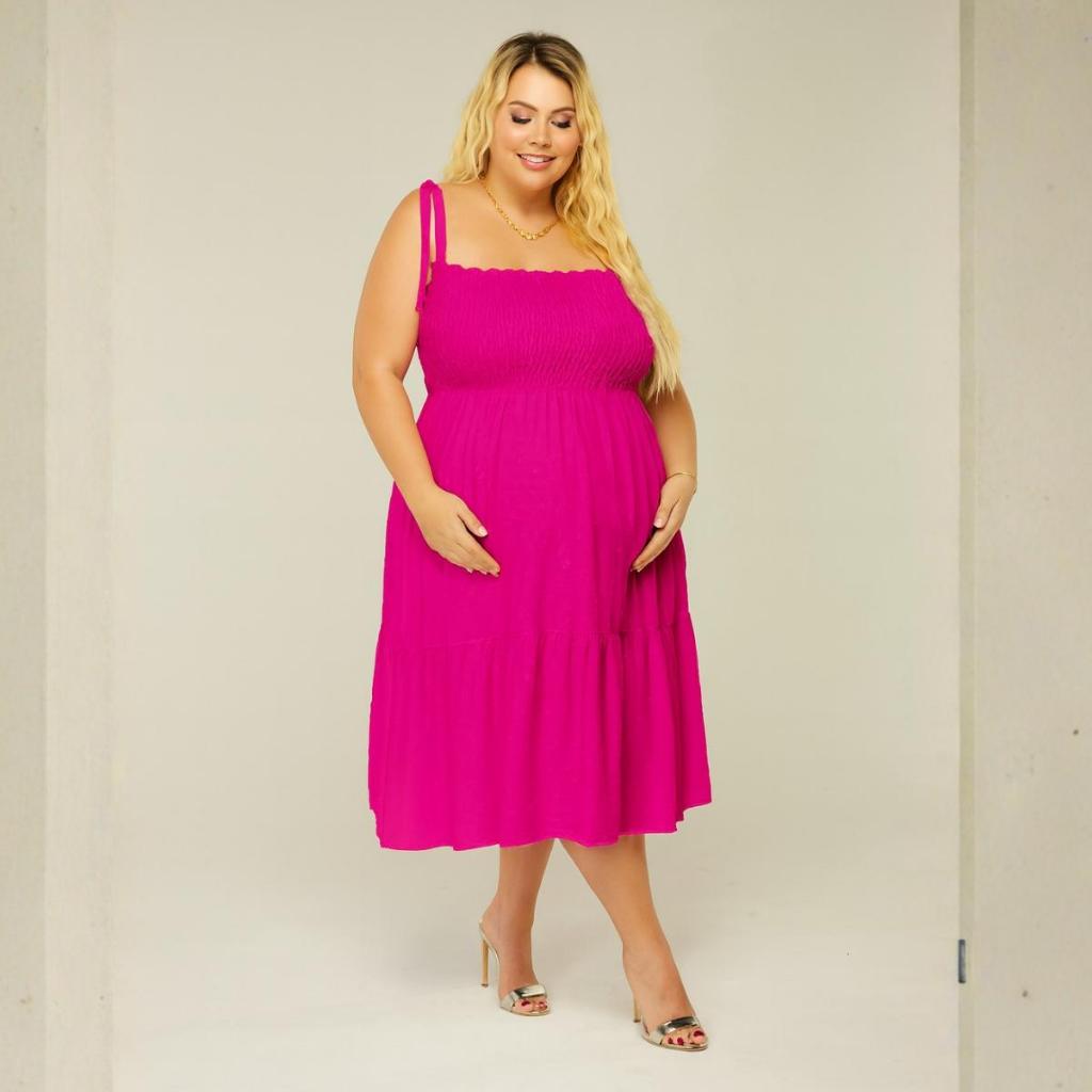 Vestido Para Gestante Midi Soltinho Com Babado Elegante Moda Plus Size Roupa De Grávida