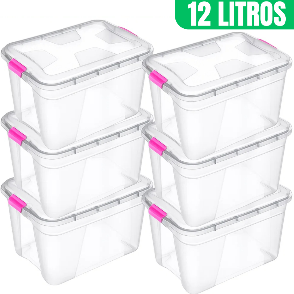 Kit 1/2/3/4/5/6 Caixa Organizadora Grande Transparente Com tampa e Travas 12L em Oferta na Shopee